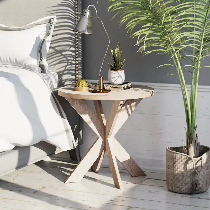 Table d'appoint ronde avec pieds entrecroisés et finition gris vintage