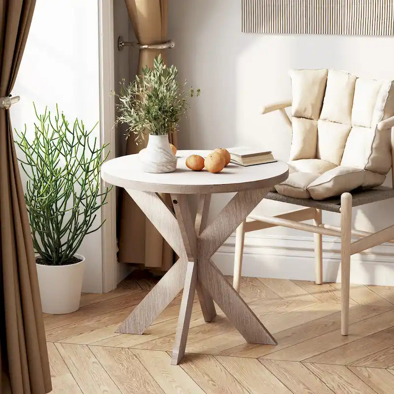 Table d'appoint ronde avec pieds entrecroisés et finition gris vintage
