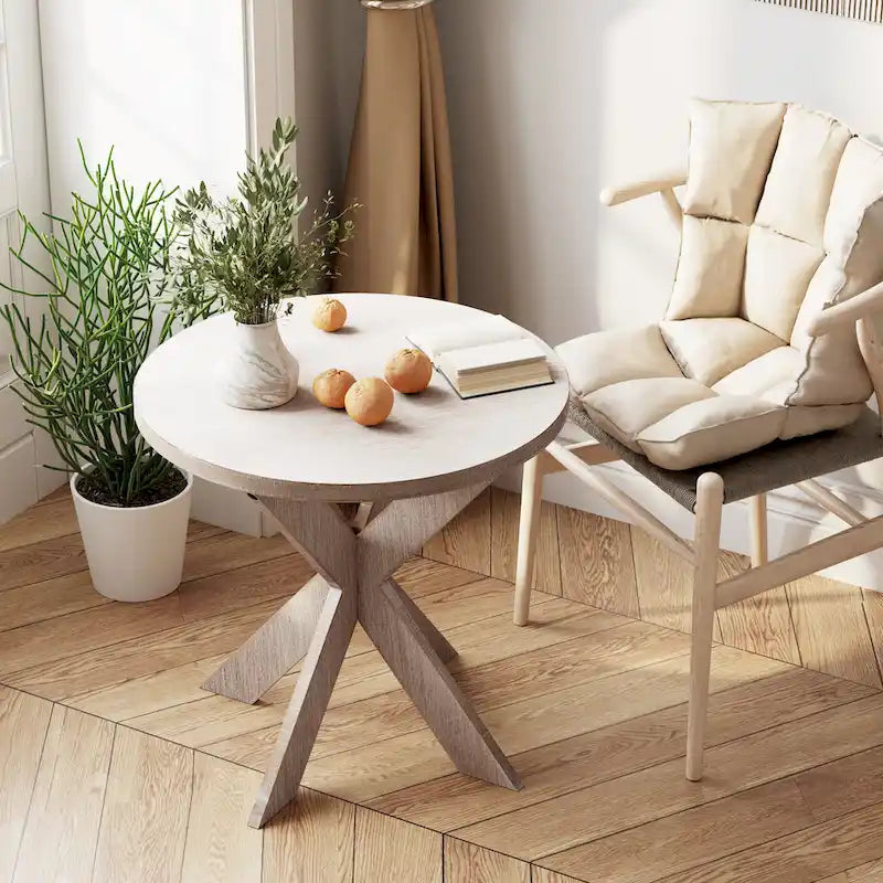 Table d'appoint ronde avec pieds entrecroisés et finition gris vintage