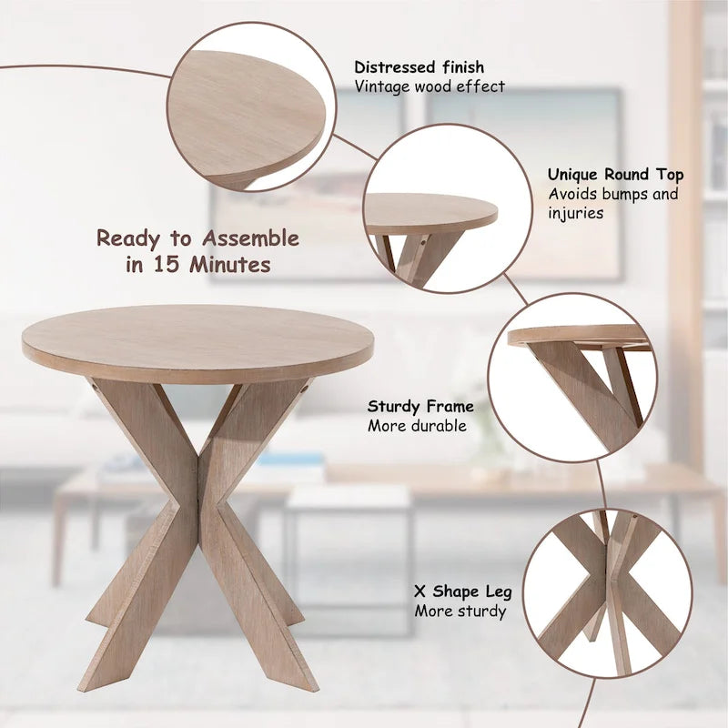 Table d'appoint ronde avec pieds entrecroisés et finition gris vintage
