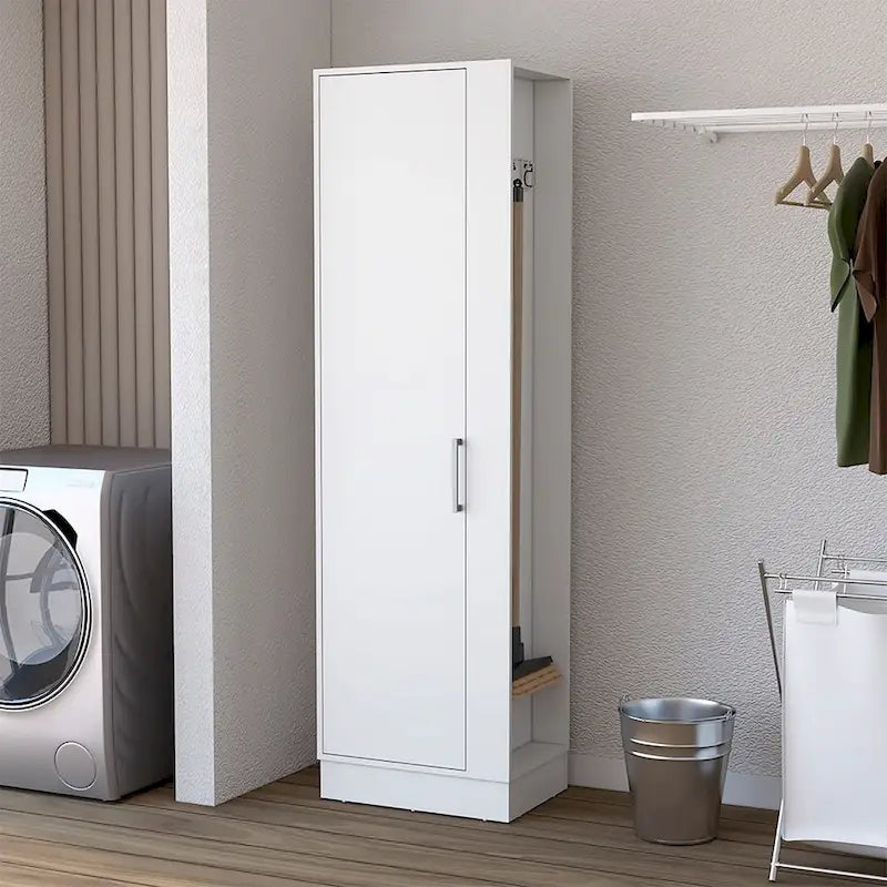 Armoire de rangement 6 étagères, hauteur 72 po, avec penderie à balais - blanche