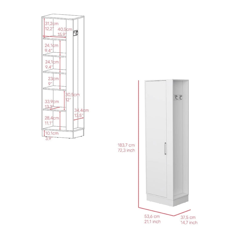 Armoire de rangement 6 étagères, hauteur 72 po, avec penderie à balais - blanche