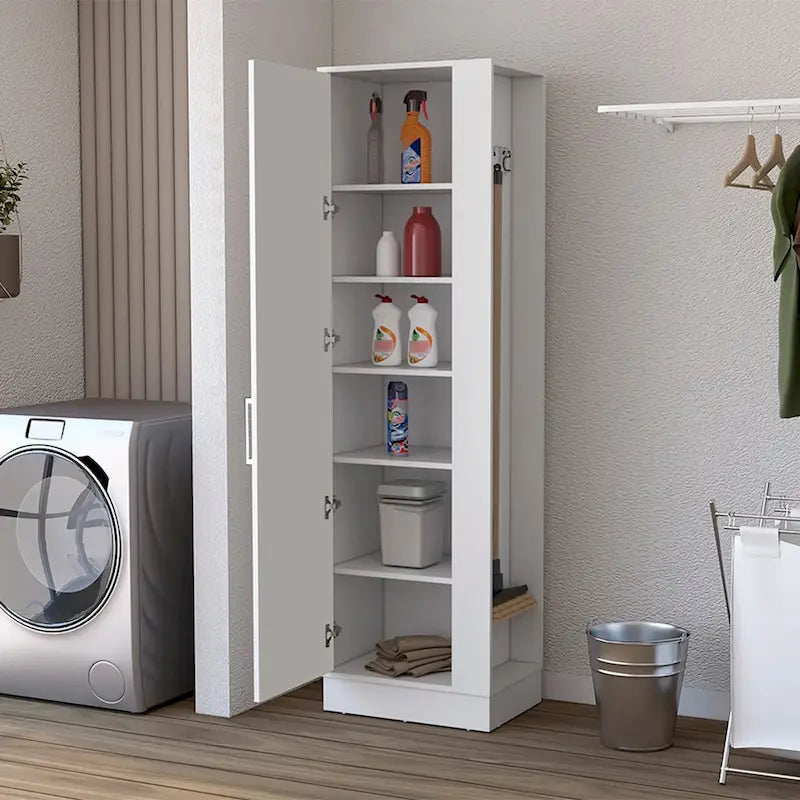 Armoire de rangement 6 étagères, hauteur 72 po, avec penderie à balais - blanche