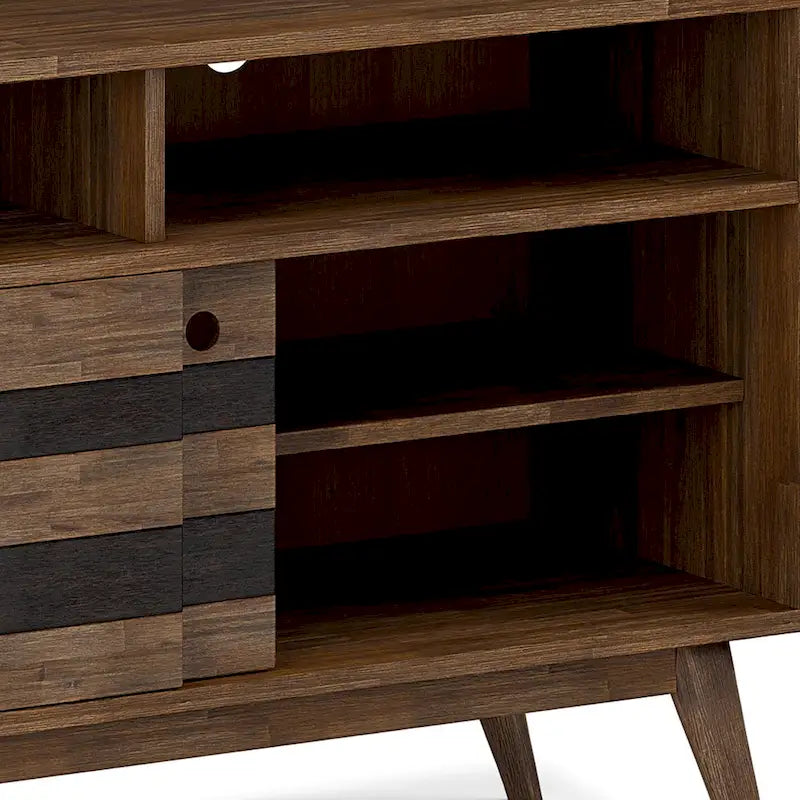 Meuble TV/multimédia en bois d'acacia massif – Style Mid-Century, 137 cm de large avec rangements