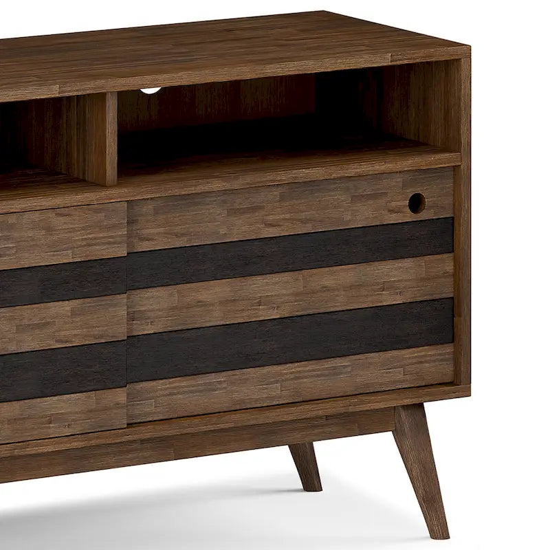 Meuble TV/multimédia en bois d'acacia massif – Style Mid-Century, 137 cm de large avec rangements