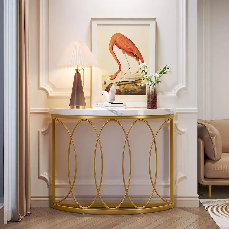 Console demi-lune – Table d'entrée en faux marbre et métal doré de 43 po