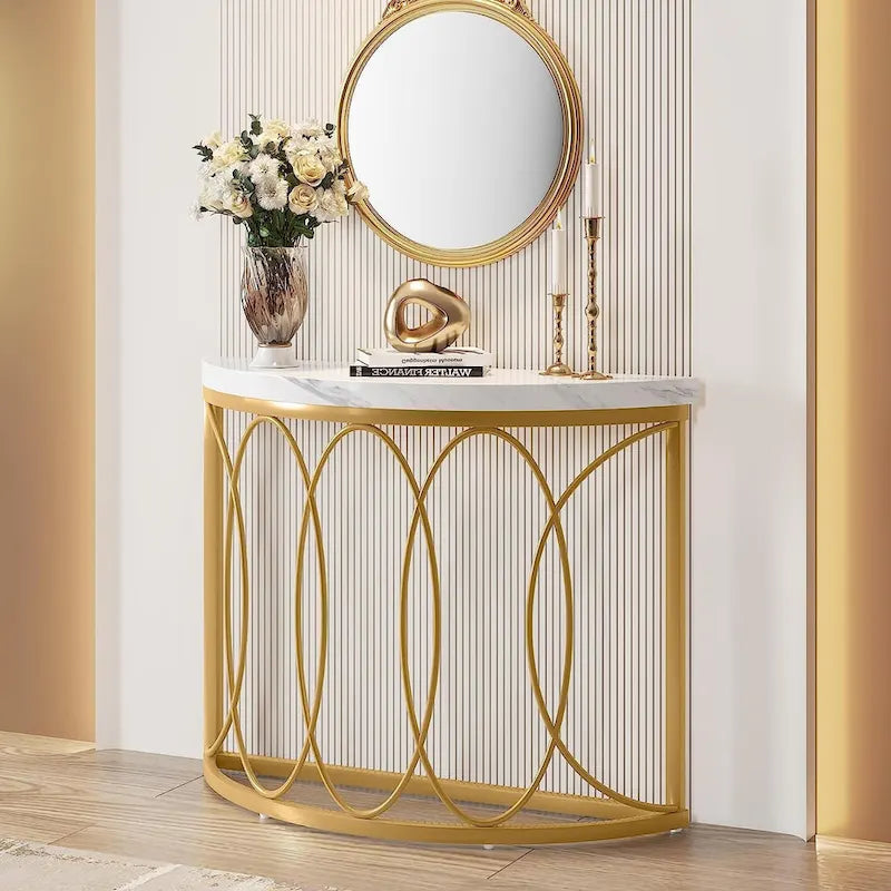 Console demi-lune – Table d'entrée en faux marbre et métal doré de 43 po