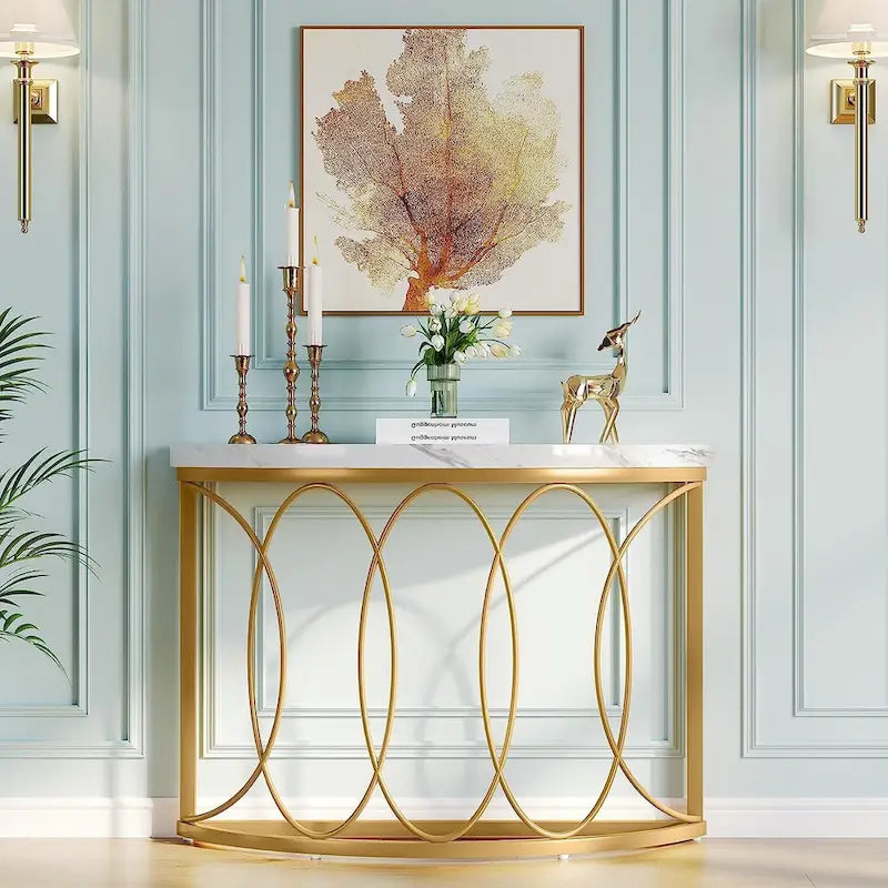 Console demi-lune – Table d'entrée en faux marbre et métal doré de 43 po