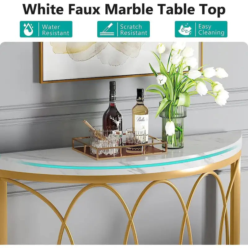 Console demi-lune – Table d'entrée en faux marbre et métal doré de 43 po