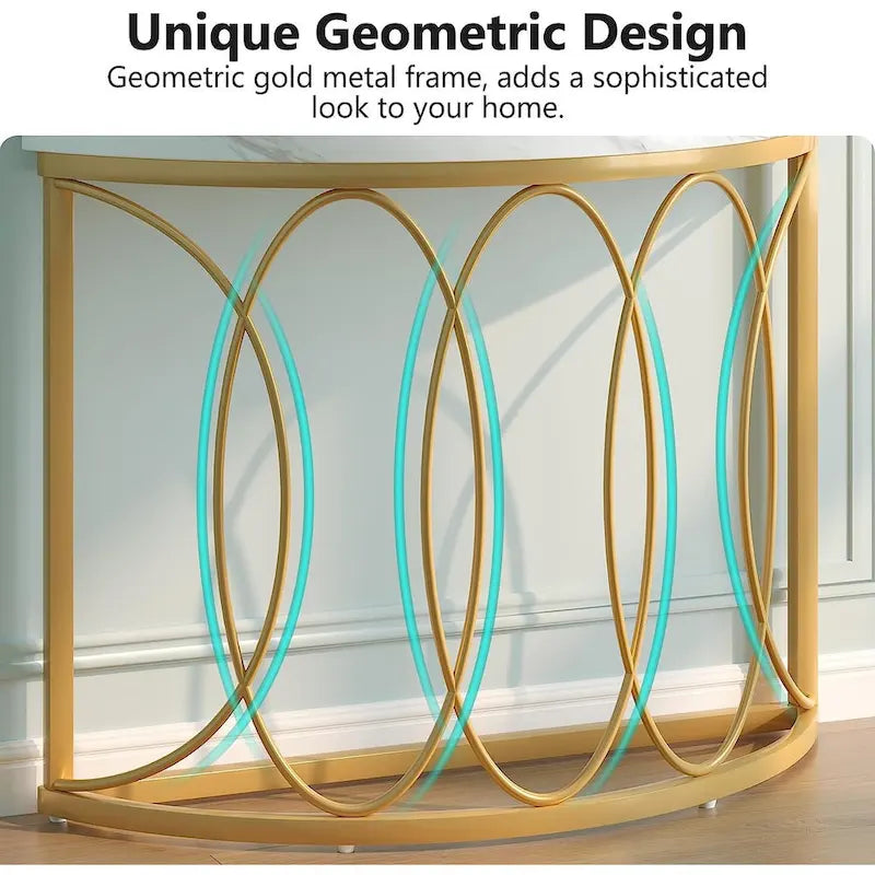 Console demi-lune – Table d'entrée en faux marbre et métal doré de 43 po