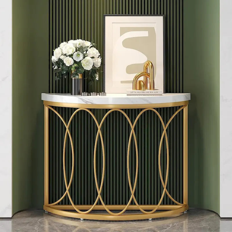 Console demi-lune – Table d'entrée en faux marbre et métal doré de 43 po