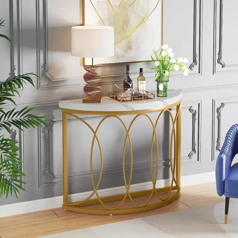 Console demi-lune – Table d'entrée en faux marbre et métal doré de 43 po