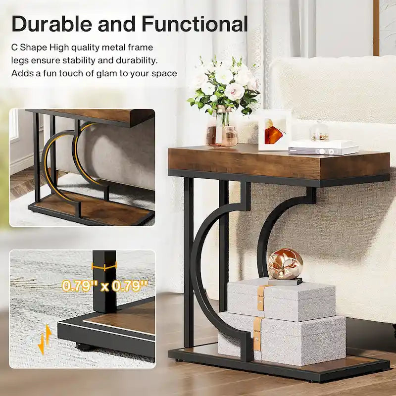 Table d'appoint en forme de C en faux marbre avec cadre en métal doré
