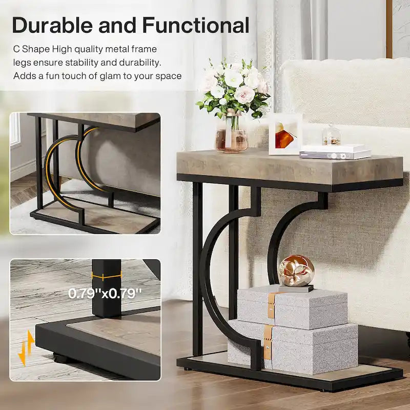 Table d'appoint en forme de C en faux marbre avec cadre en métal doré