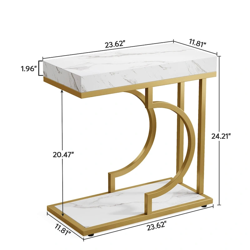 Table d'appoint en forme de C en faux marbre avec cadre en métal doré