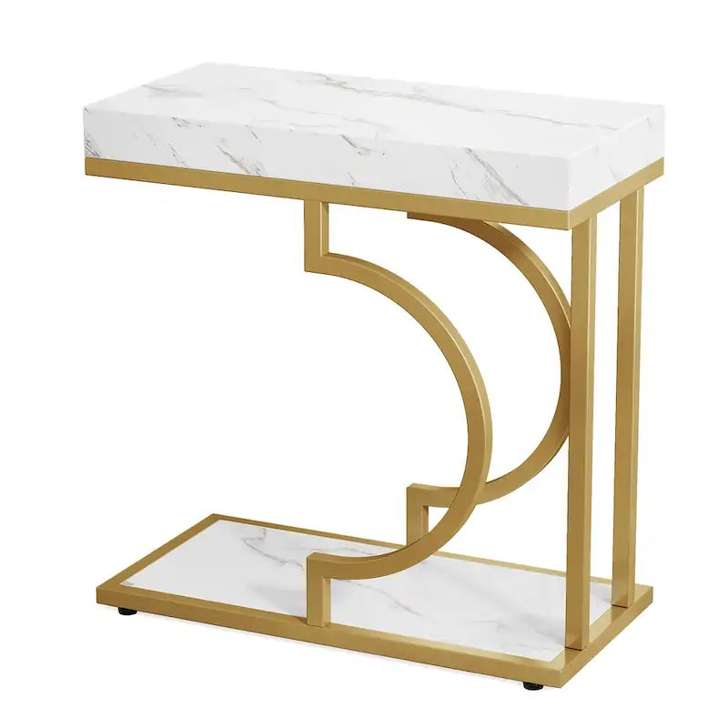Table d'appoint en forme de C en faux marbre avec cadre en métal doré