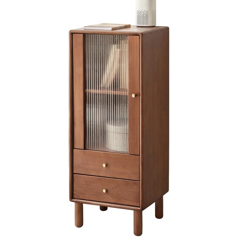 Meuble de rangement d'angle autoportant avec porte en verre, 2 étagères et 2 tiroirs