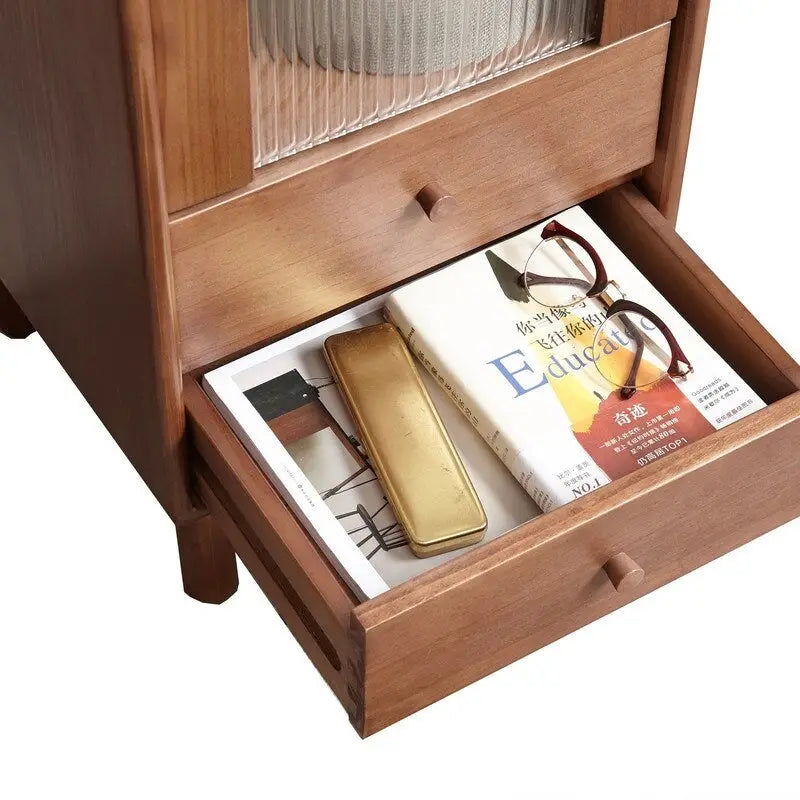 Meuble de rangement d'angle autoportant avec porte en verre, 2 étagères et 2 tiroirs