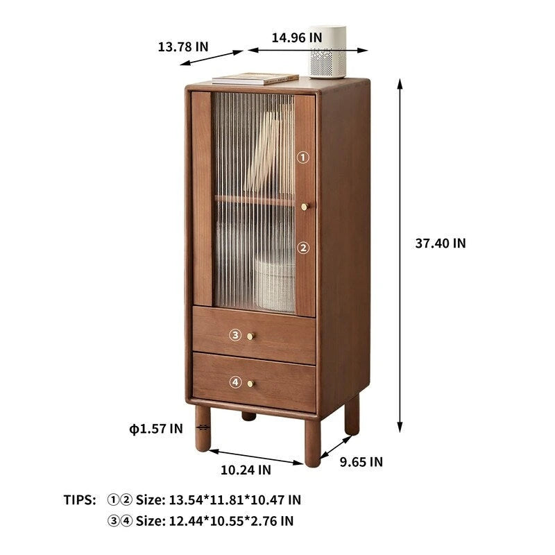 Meuble de rangement d'angle autoportant avec porte en verre, 2 étagères et 2 tiroirs