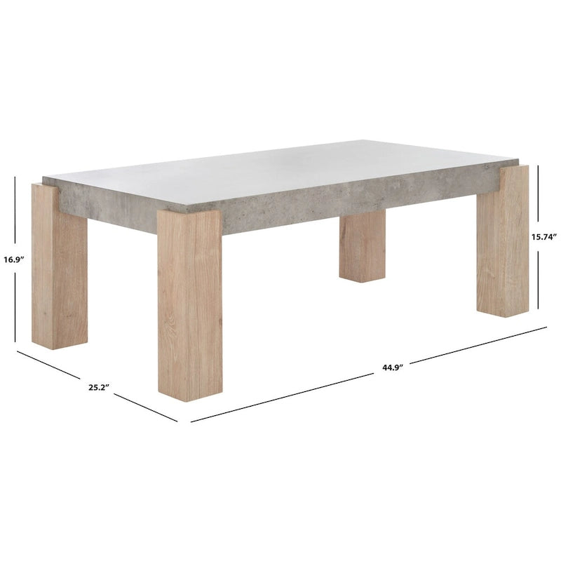 Table basse moderne avec plateau imitation béton et pieds colonnes