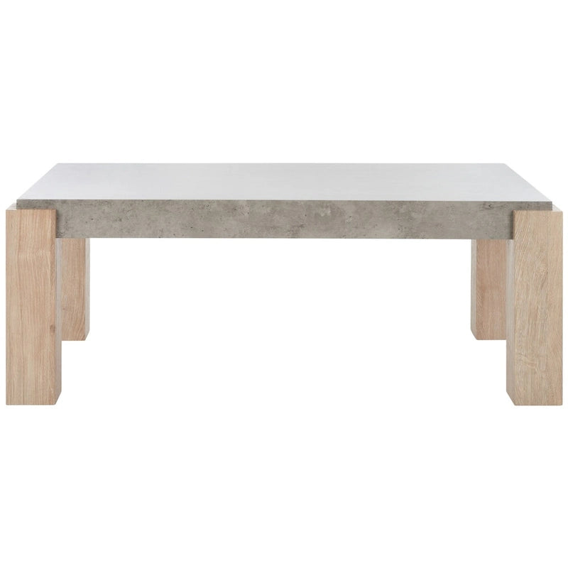 Table basse moderne avec plateau imitation béton et pieds colonnes