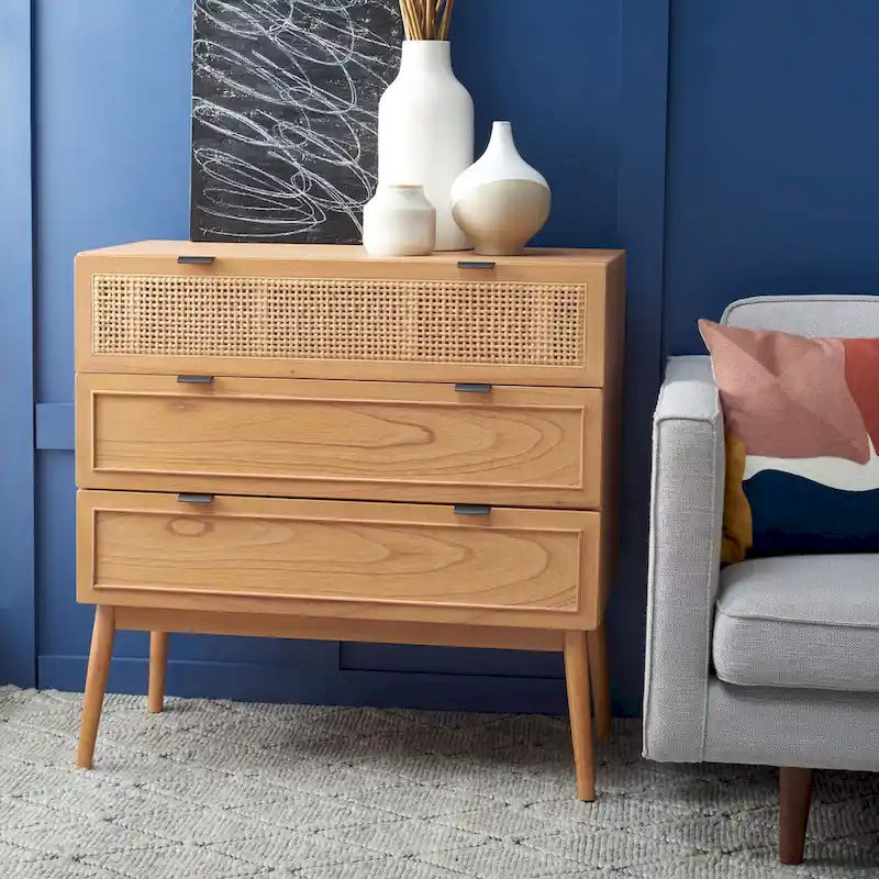 Commode d'appoint en rotin à 3 tiroirs, style Mid-Century