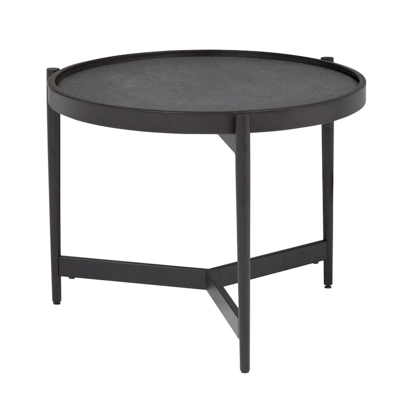 Table d'appoint ronde moderne avec cadre en métal noir et plateau en verre