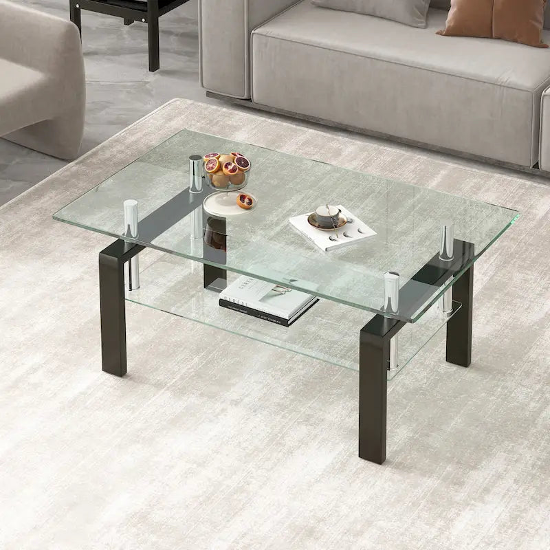 Table basse moderne à 2 niveaux en verre trempé – Design bord cascade