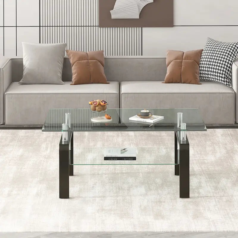 Table basse moderne à 2 niveaux en verre trempé – Design bord cascade
