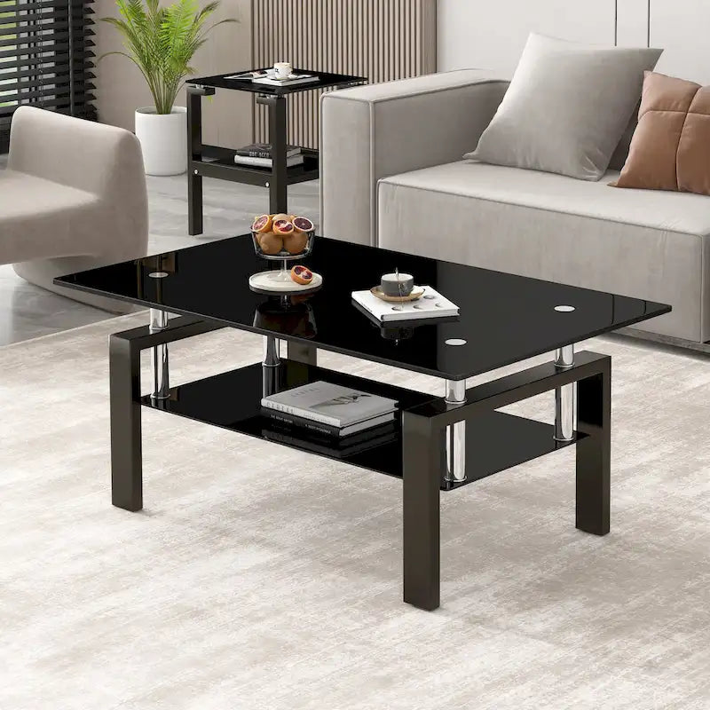 Table basse moderne à 2 niveaux en verre trempé – Design bord cascade