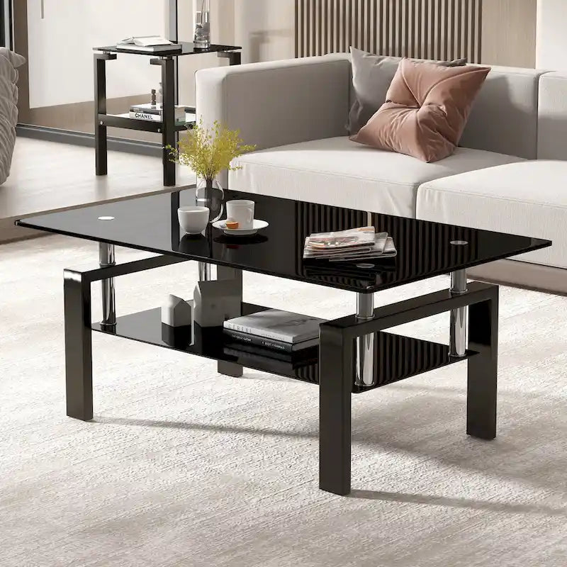 Table basse moderne à 2 niveaux en verre trempé – Design bord cascade