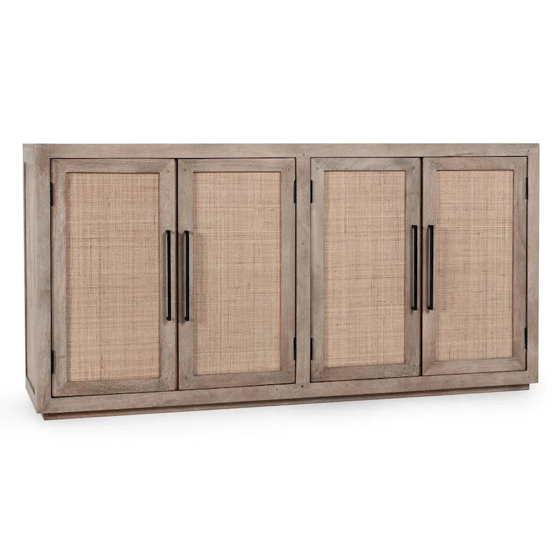 Buffet en bois de manguier avec panneaux de porte en cannage couleur taupe