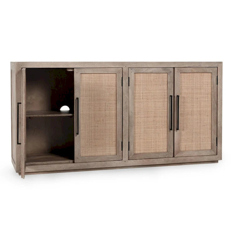 Buffet en bois de manguier avec panneaux de porte en cannage couleur taupe