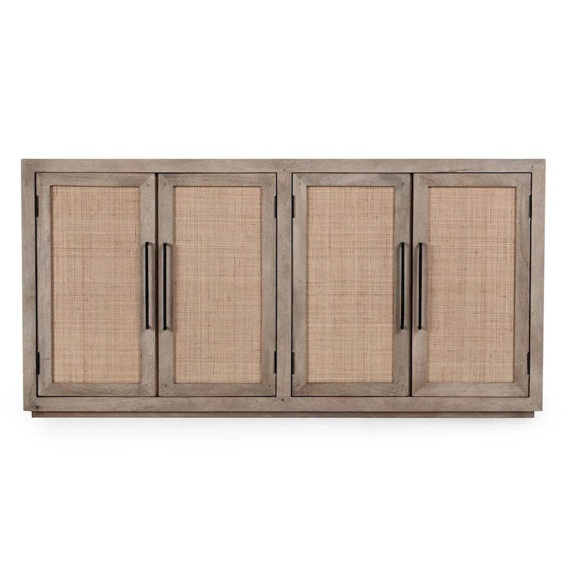 Buffet en bois de manguier avec panneaux de porte en cannage couleur taupe