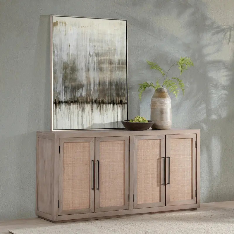 Buffet en bois de manguier avec panneaux de porte en cannage couleur taupe