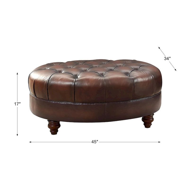 Pouf de rangement Chesterfield en cuir pleine fleur marron caramel