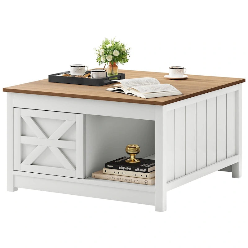 Table basse de ferme carrée avec rangement à porte coulissante – 80 cm