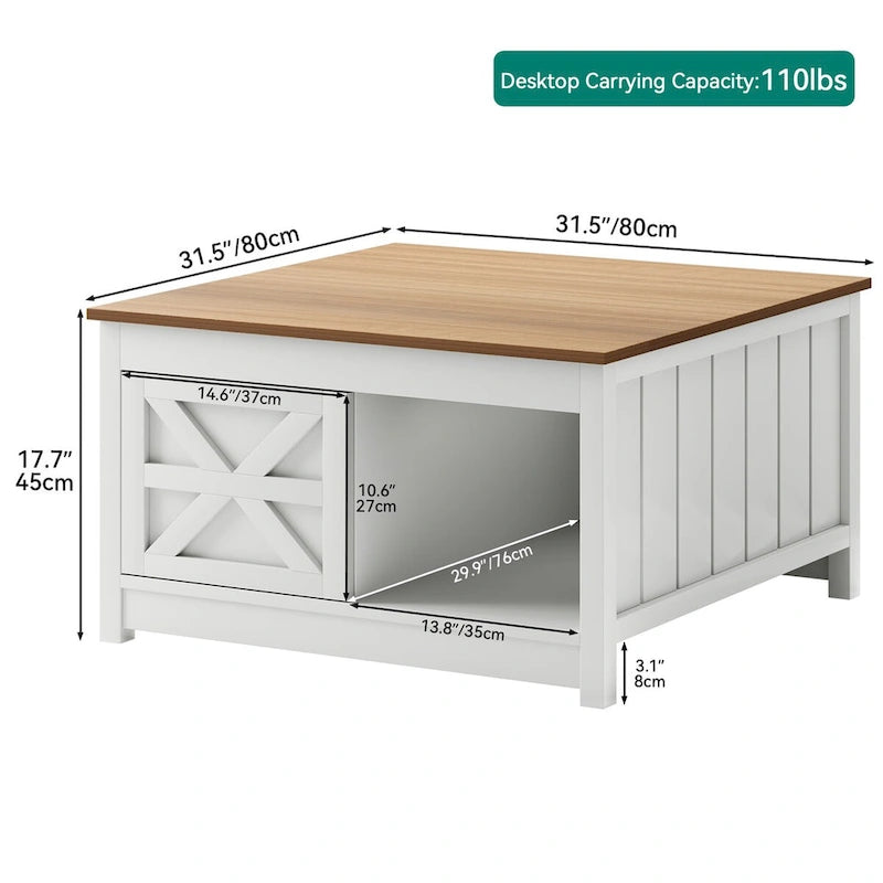 Table basse de ferme carrée avec rangement à porte coulissante – 80 cm