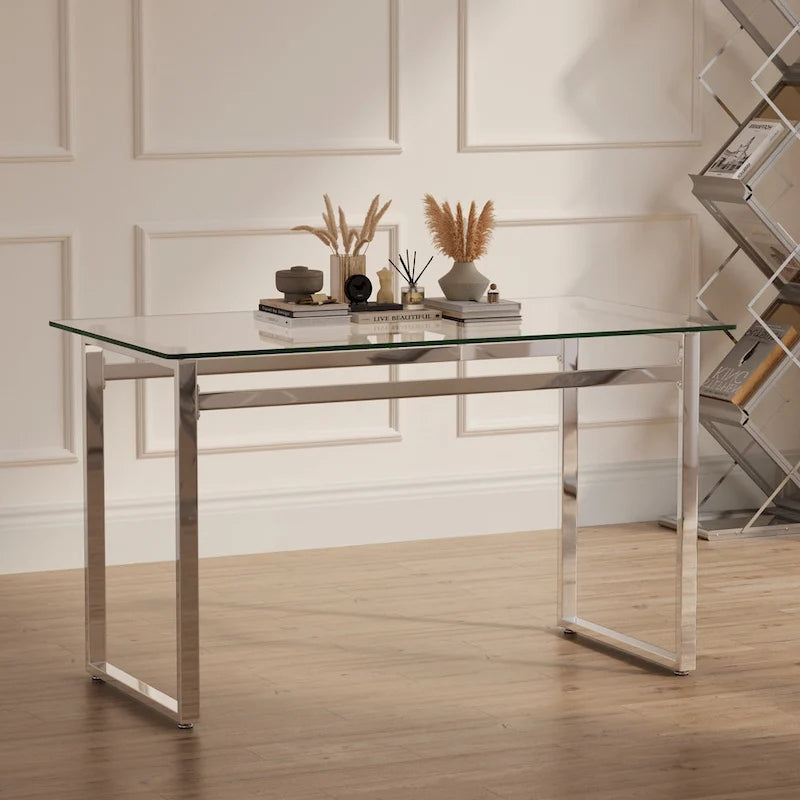 Table de salle à manger en verre trempé avec pieds en métal