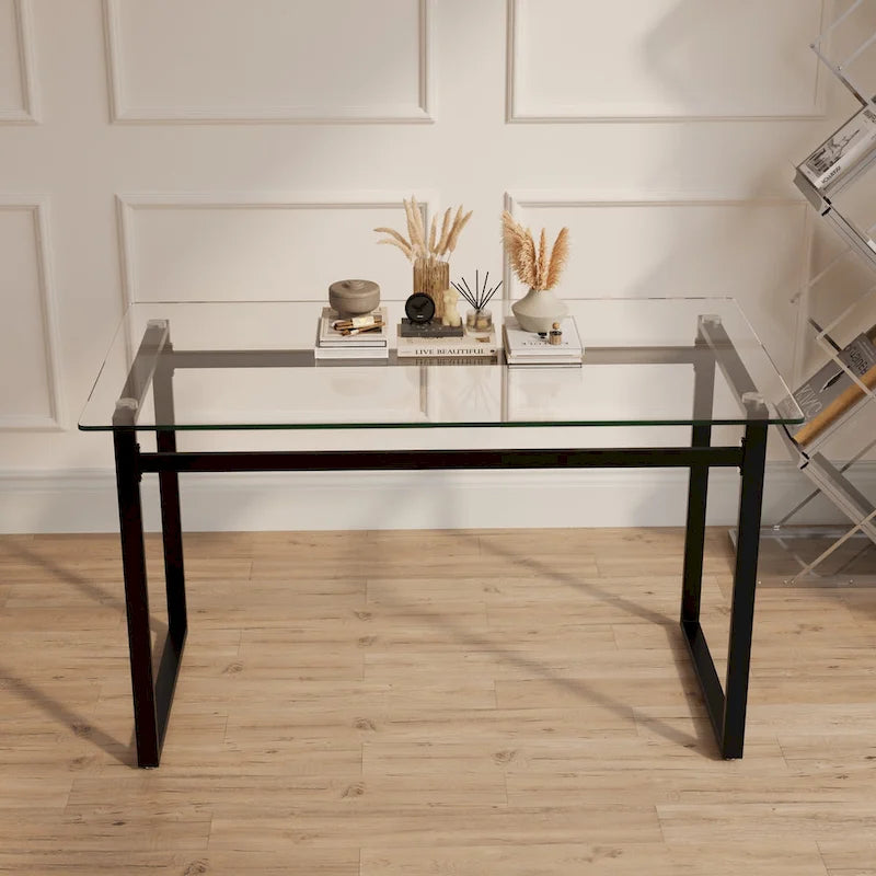 Table de salle à manger en verre trempé avec pieds en métal
