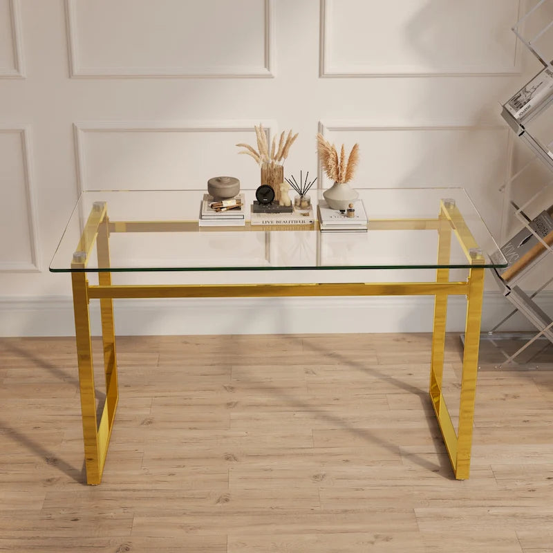 Table de salle à manger en verre trempé avec pieds en métal