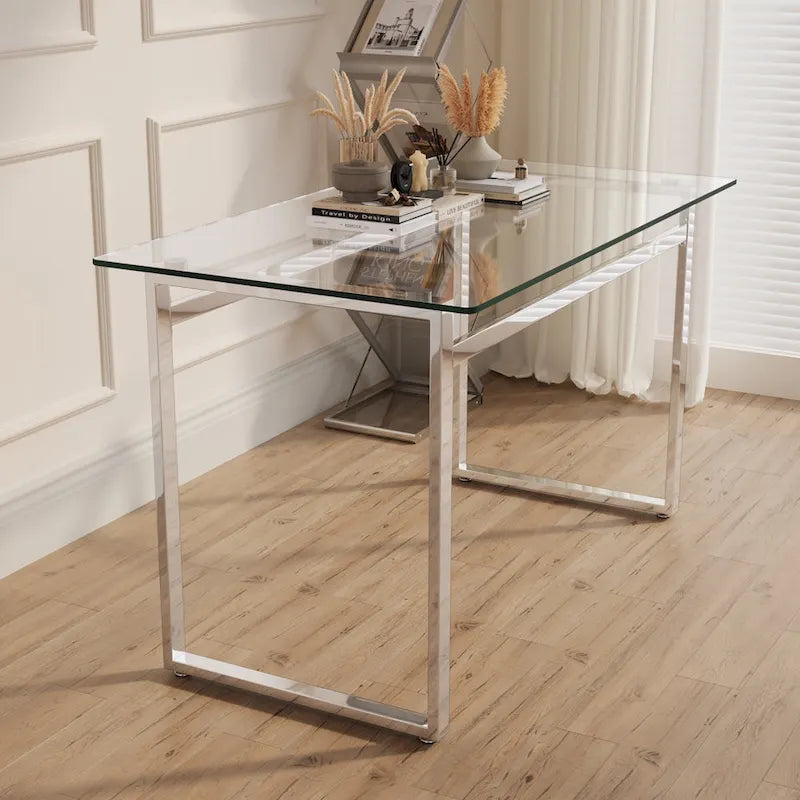 Table de salle à manger en verre trempé avec pieds en métal