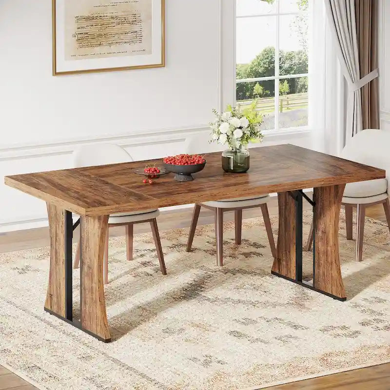 Grande table à manger de style ferme pour 6 à 8 personnes avec pieds en métal noir