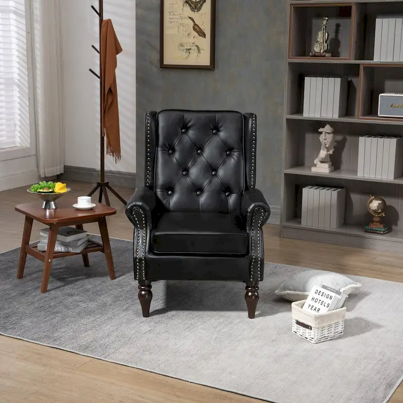 Fauteuil d'appoint dossier haut capitonné du milieu du siècle avec pieds en bois massif