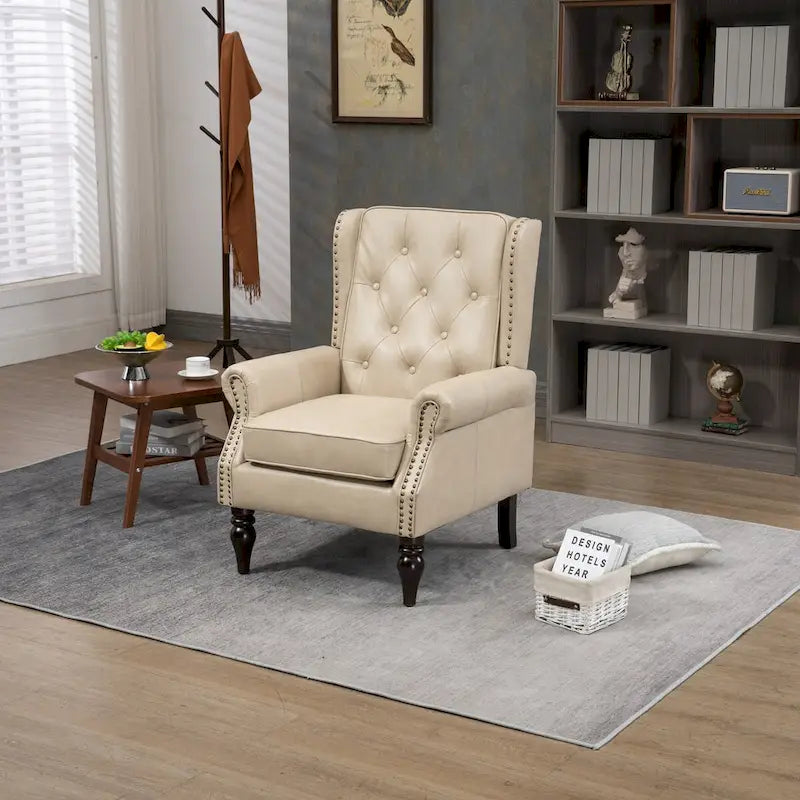 Fauteuil d'appoint dossier haut capitonné du milieu du siècle avec pieds en bois massif