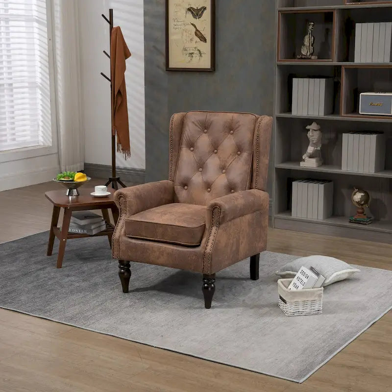 Fauteuil d'appoint dossier haut capitonné du milieu du siècle avec pieds en bois massif