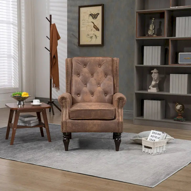 Fauteuil d'appoint dossier haut capitonné du milieu du siècle avec pieds en bois massif