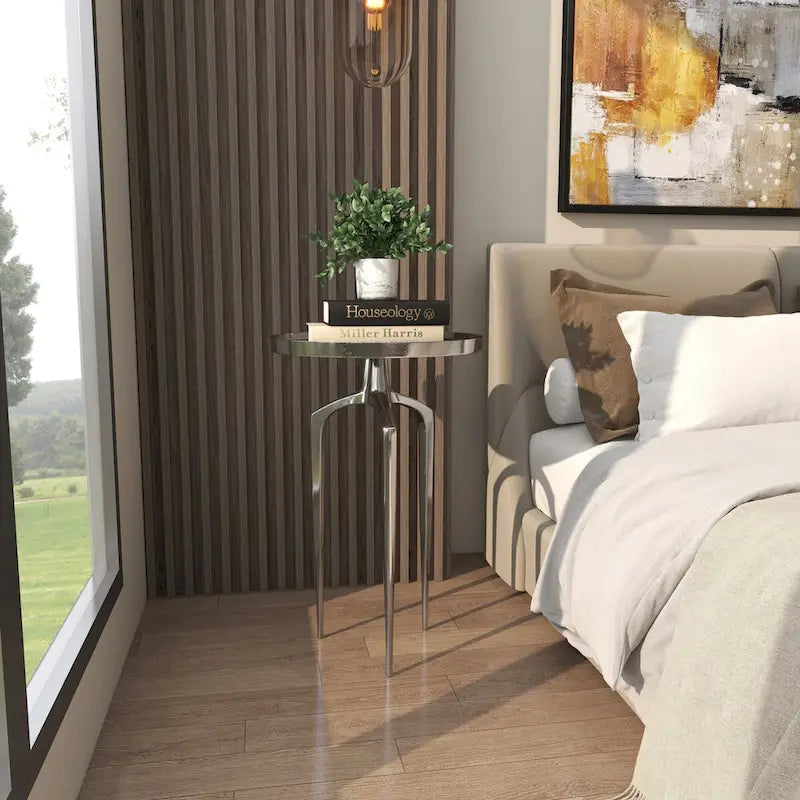 Table d'appoint ronde en métal avec plateau amovible et piètement trépied