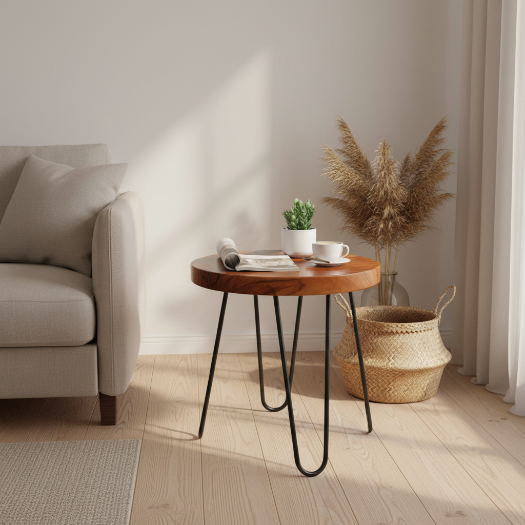 Round Teak Side Table in Minimalist Living Room